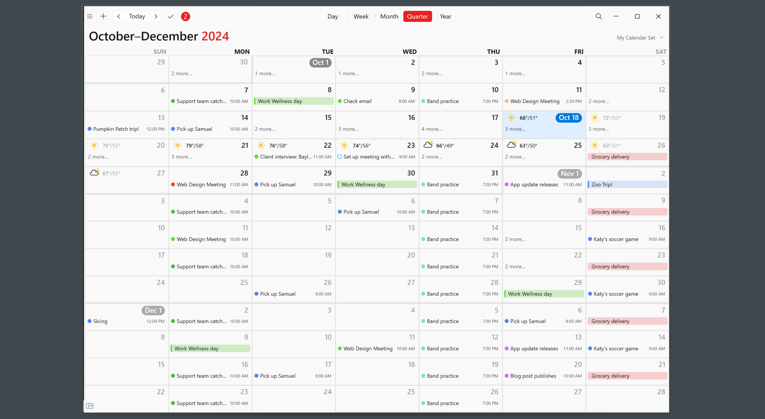 Quarterly view of the calendar displayed in Fantastical for Windows 