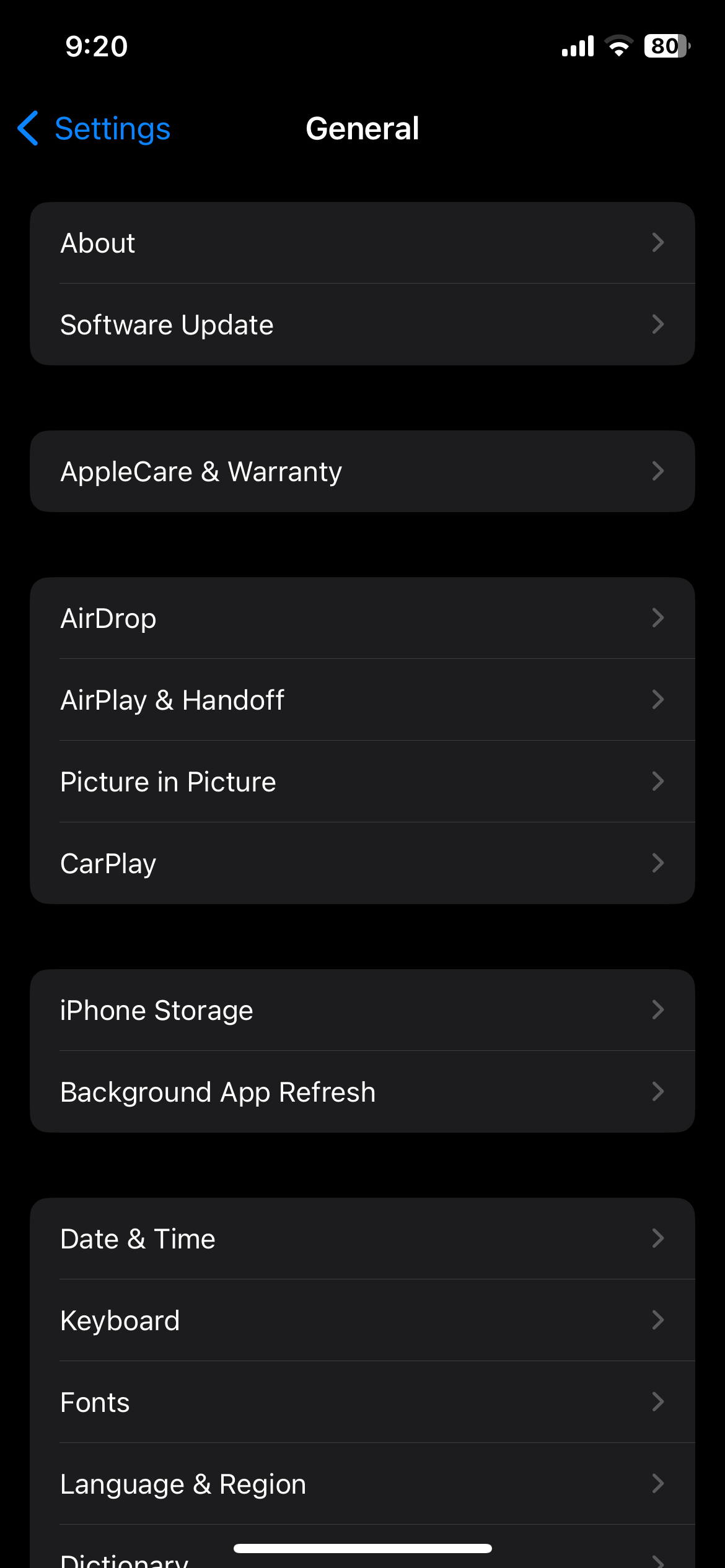 General Settings on iPhone