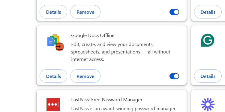 برنامه افزودنی آفلاین Google در صفحه مدیریت برنامه‌های افزودنی در کروم.