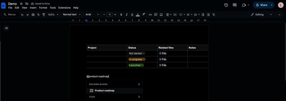 Product roadmap insertion in Google Docs