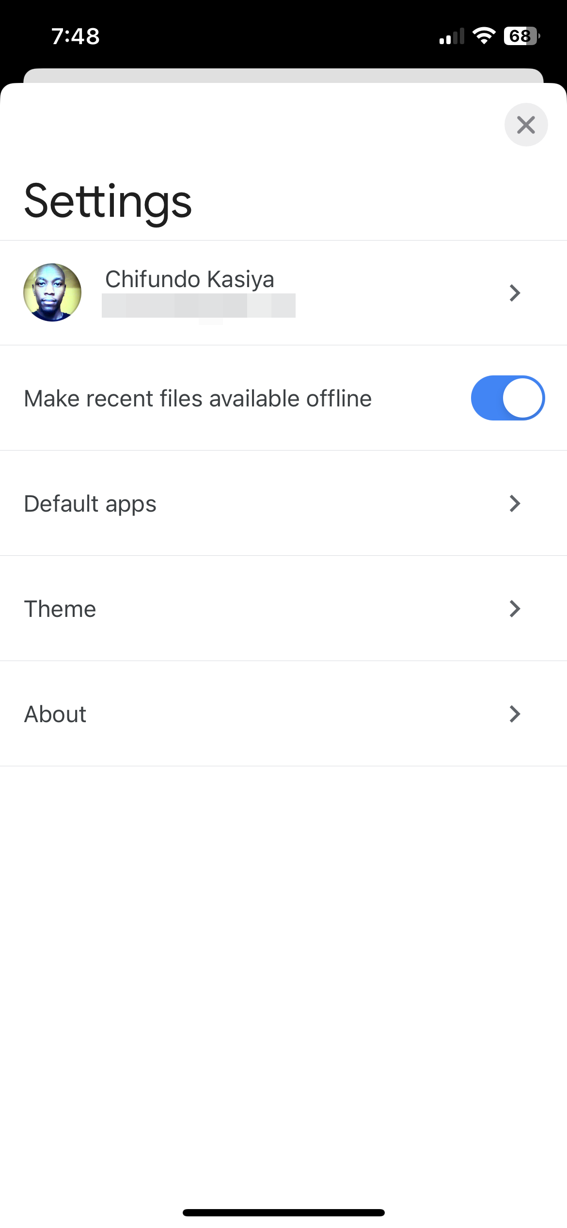 صفحه تنظیمات برنامه Google Docs در iPhone.