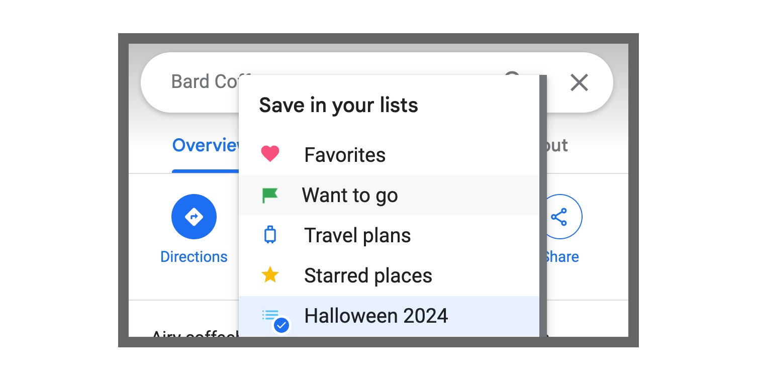 Google Maps گزینه ای را برای افزودن یک مکان به لیست ذخیره شده به نام "هالووین 2024" ارائه می دهد.