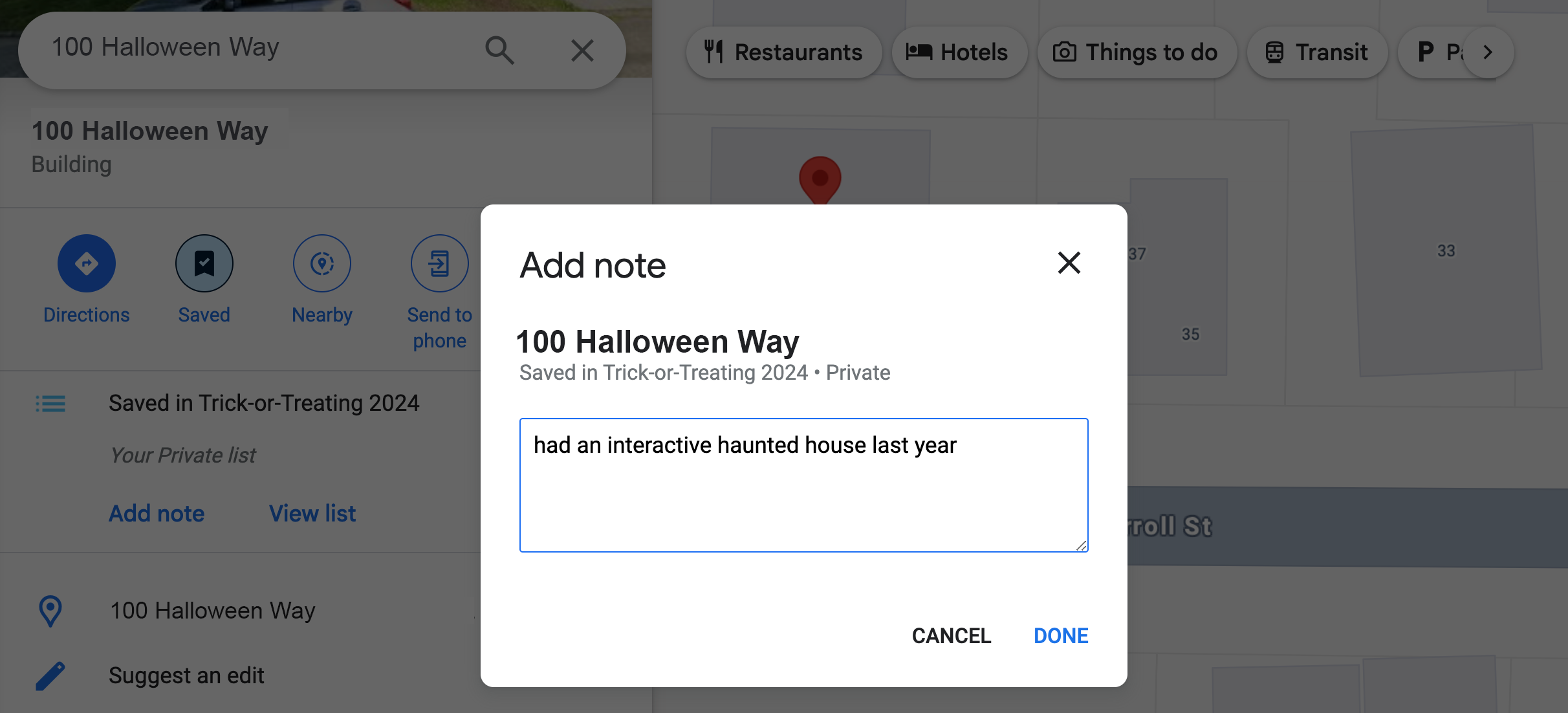 A dialogue open on Google Maps allowing a user to add a note to a saved location