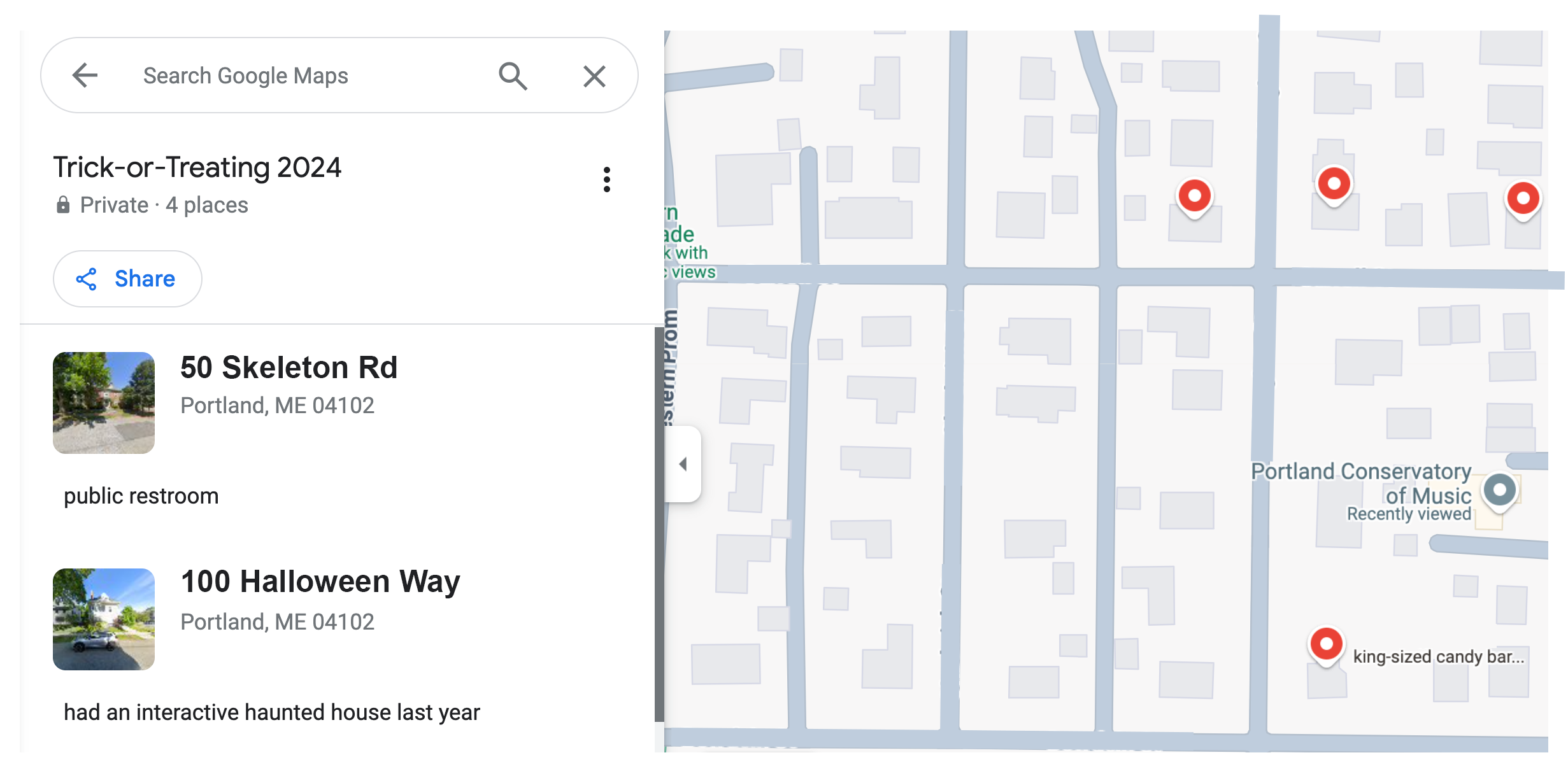 A map of a neighborhood with houses saved on a list for trick-or-treating