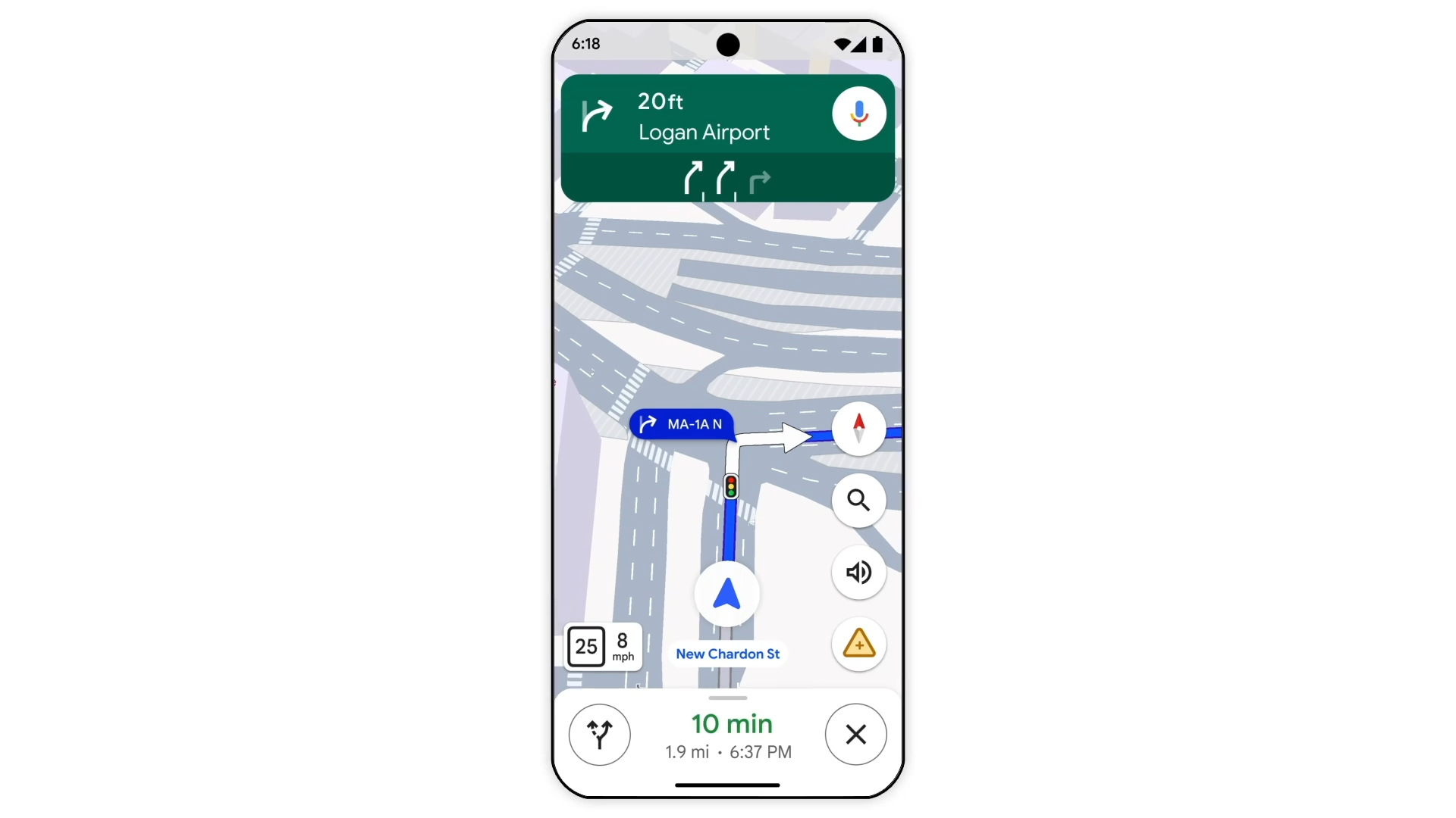 A mobile phone with Google Maps open, showing distinction between lanes on the road. 