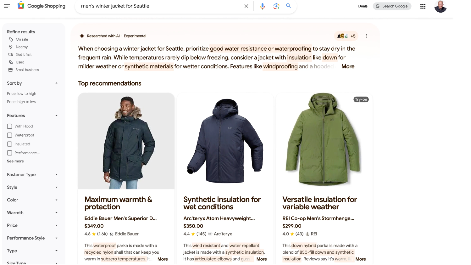 A Gemini-produced summary at the top of search results on Google Shopping highlights advice about buying a jacket for Seattle