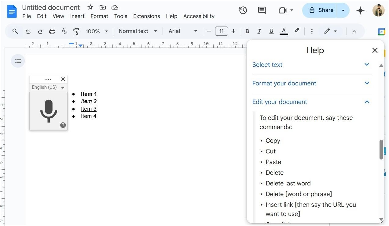 Help Box Showing Voice Commands in Google Docs