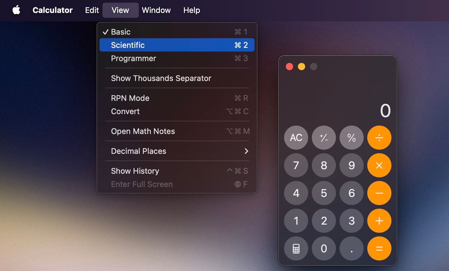 Accessing the scientific calculator in macOS Calculator app.