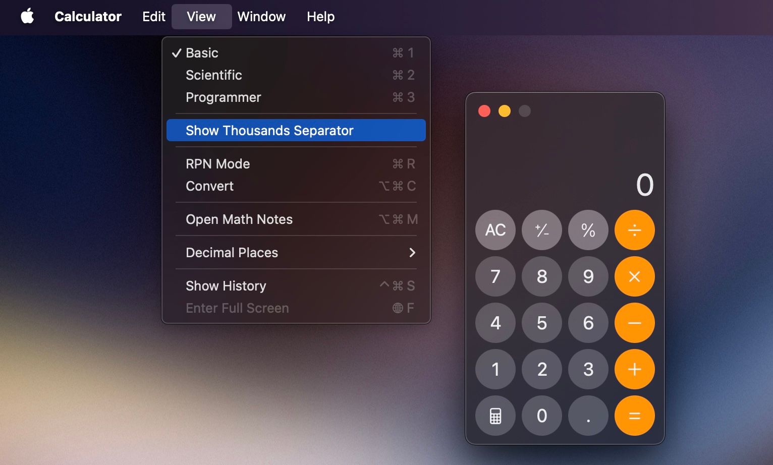 Enabling the Show Thousands Separator option in macOS Calculator app.