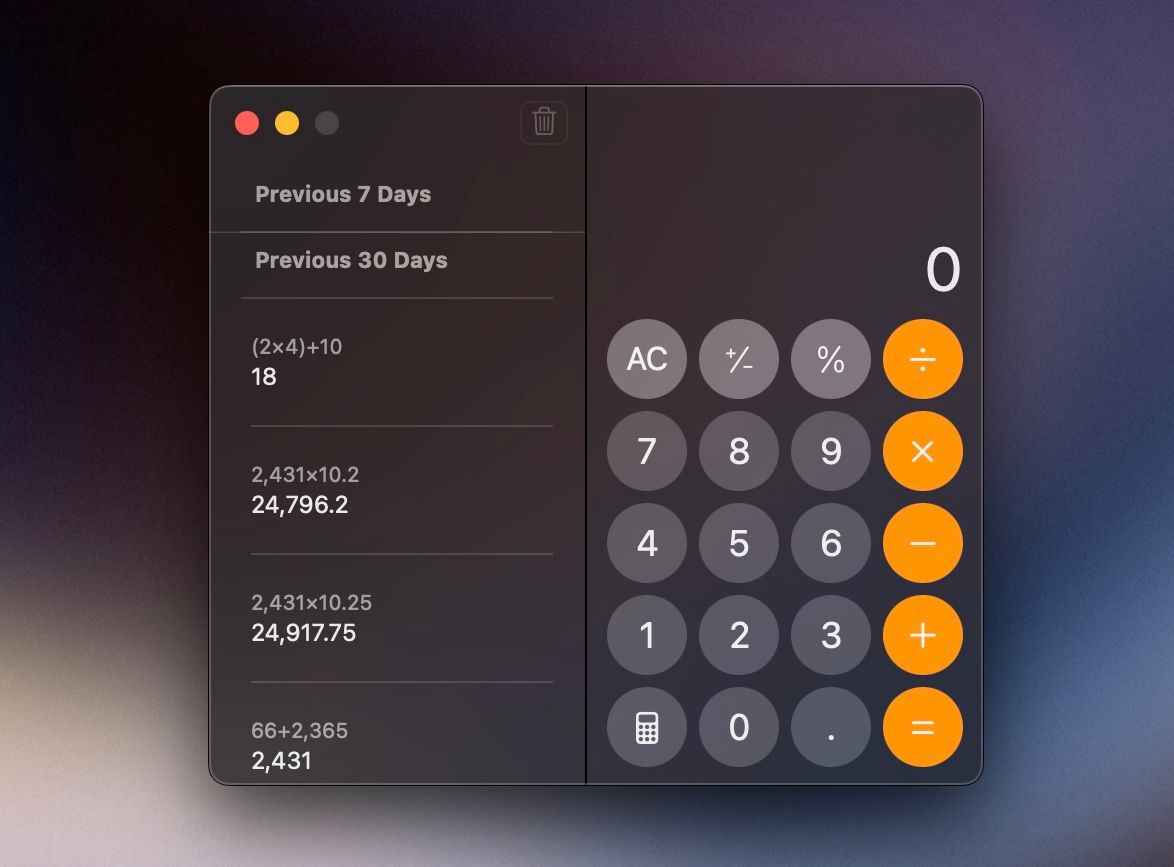 Viewing calculation history in Mac Calculator app.