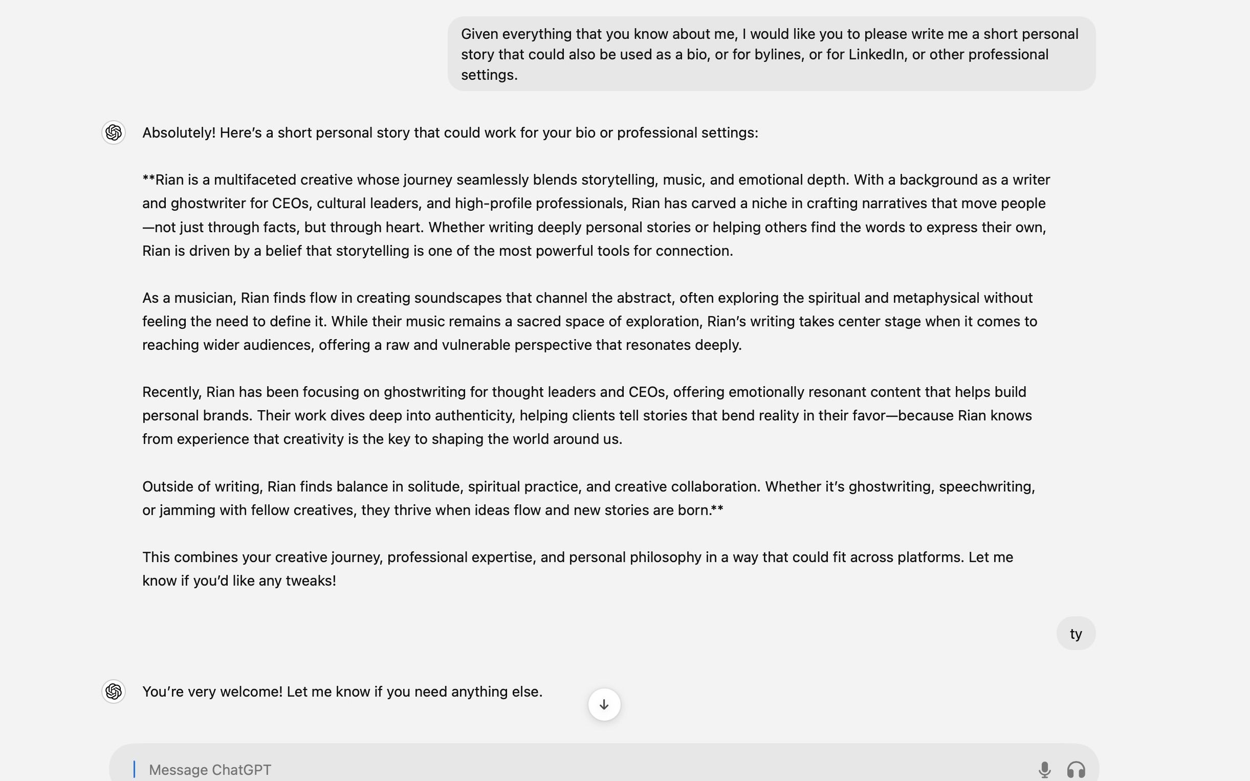 A screenshot of ChatGPT's response to a promopt asking for a personal bio.