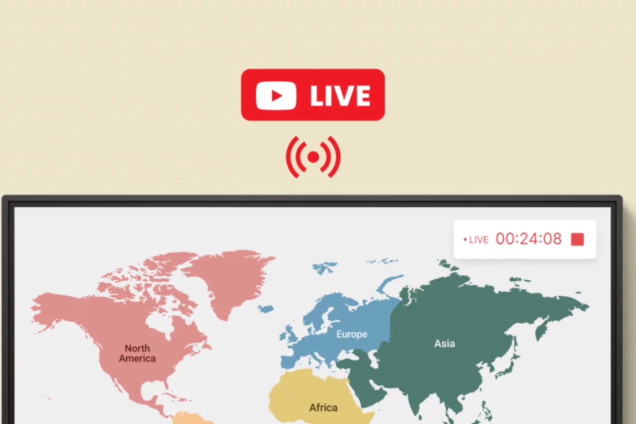 برد هوشمند با نقشه کره زمین و نماد YouTube Live بالای آن