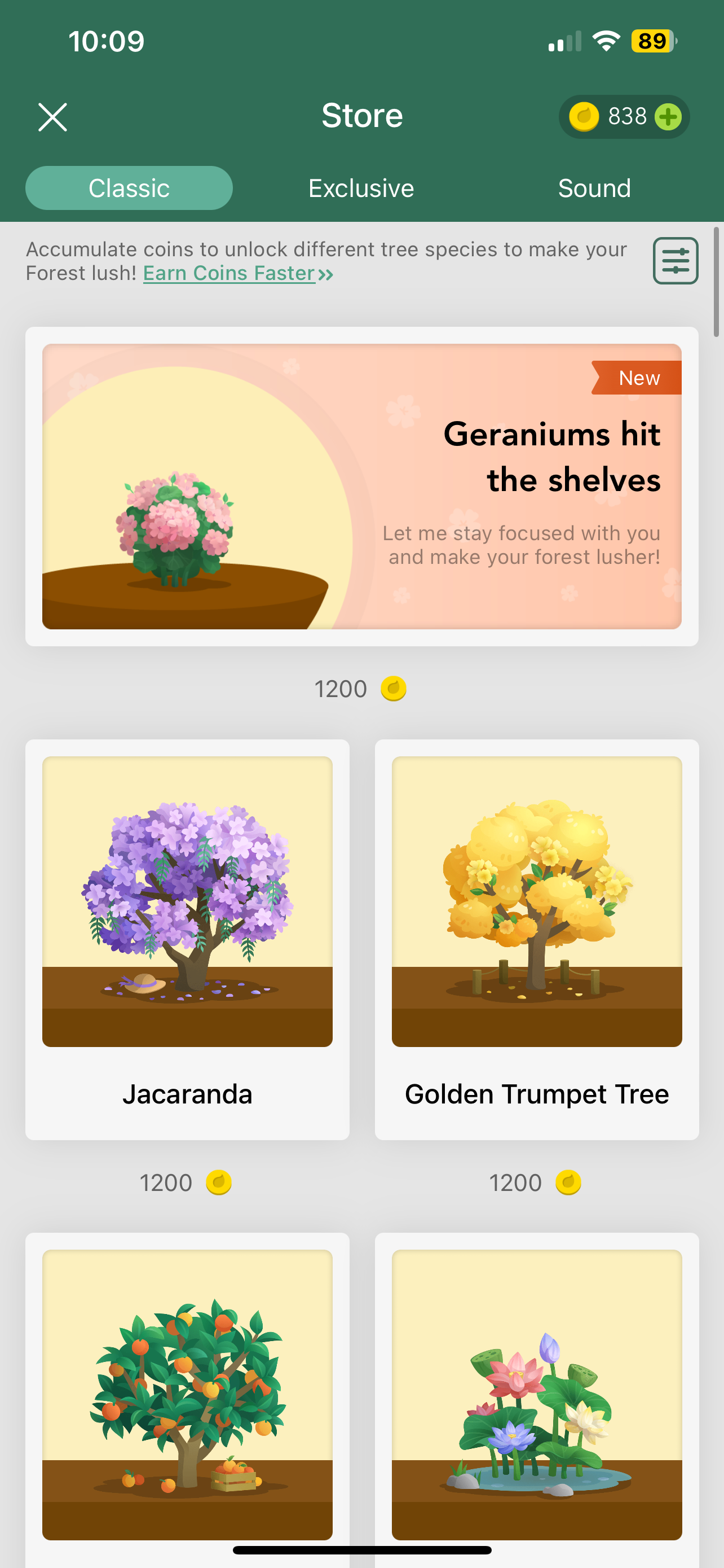 Forest app tree store with different trees available for purchase with coins including jacaranda and golden trumpet tree