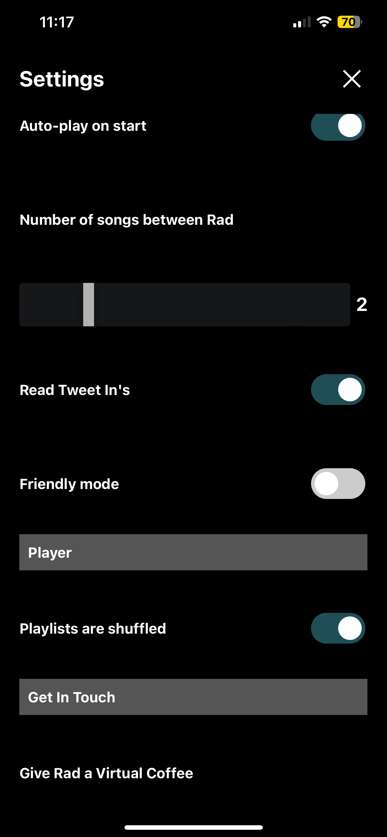 Radiant customization options including the number of songs between Rad, playlist shuffle, and auto-play on start