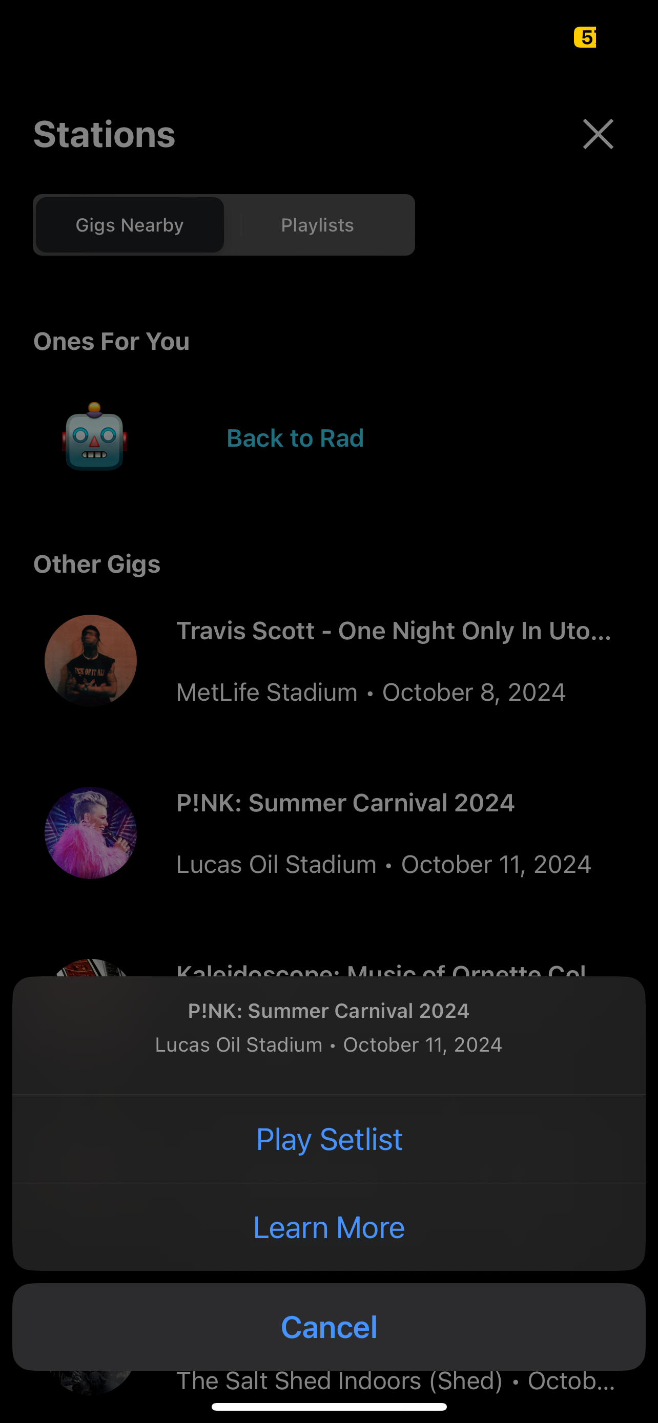 Radiant's Gigs Near You page with option to play P!NK's setlist for the Summer Carnival 2024 tour