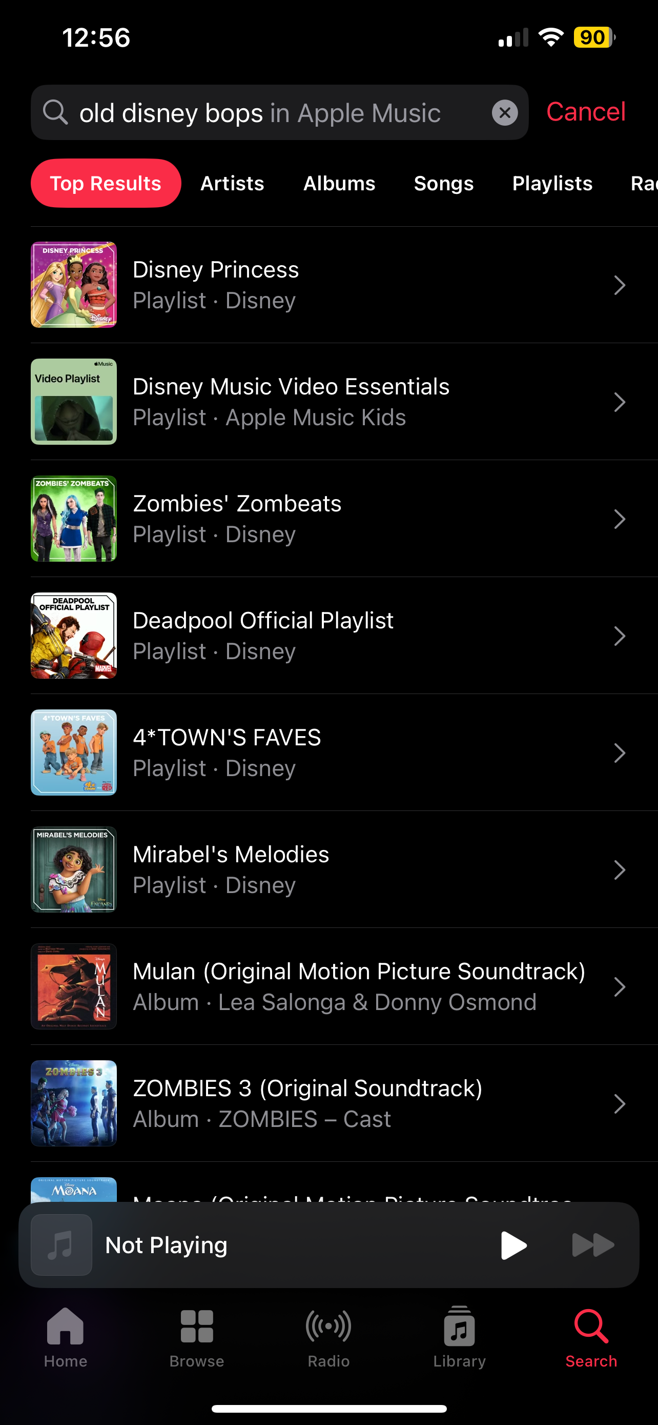 نتایج جستجو در Apple Music برای نتایج برتر قدیمی دیزنی با لیست پخش Disney Princesses