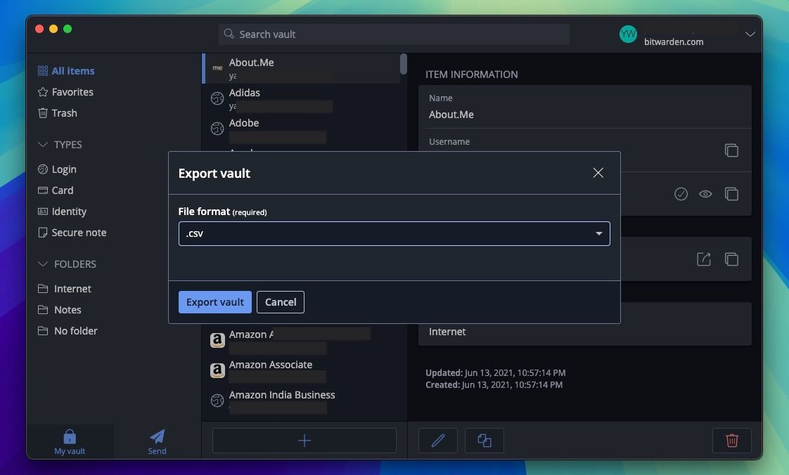 تغییر فرمت فایل صادراتی به CSV در Bitwarden در مک.