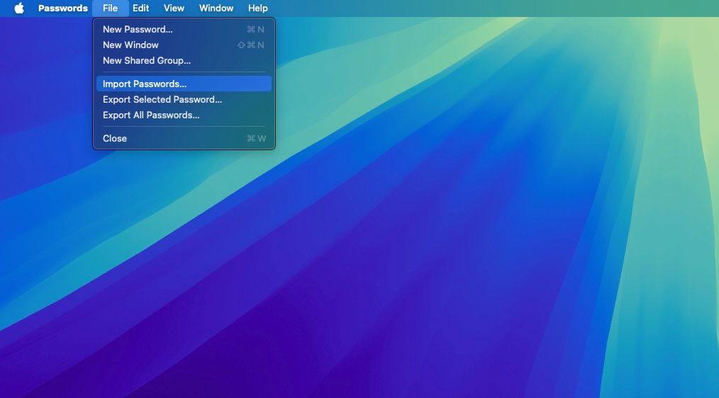 گزینه Import Passwords در منوی File برنامه Apple Passwords.
