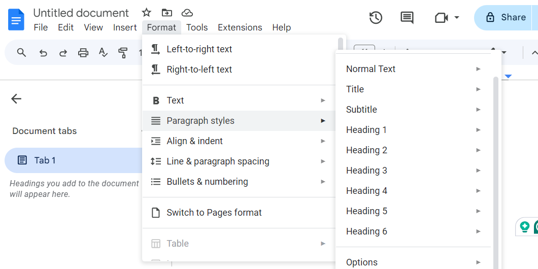 درج عنوان در Google Docs.