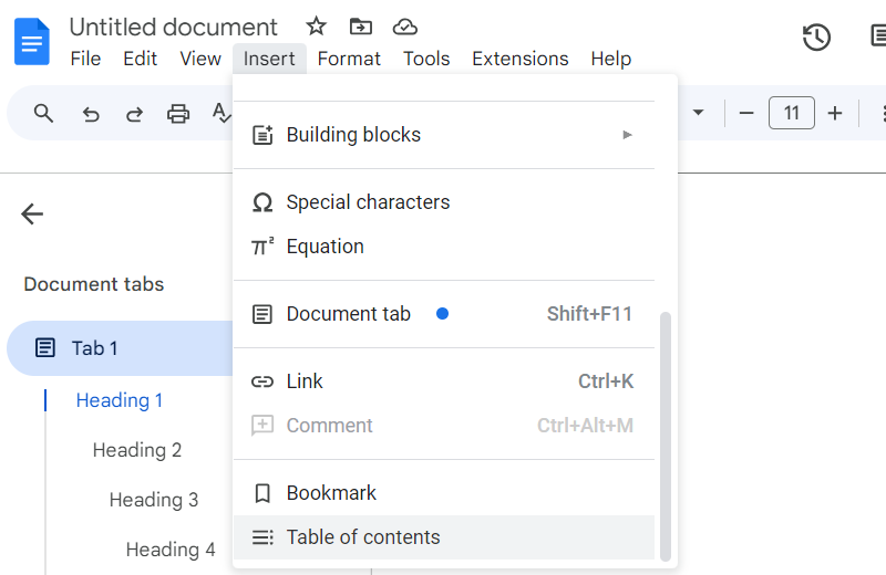 درج فهرست مطالب در Google Docs.