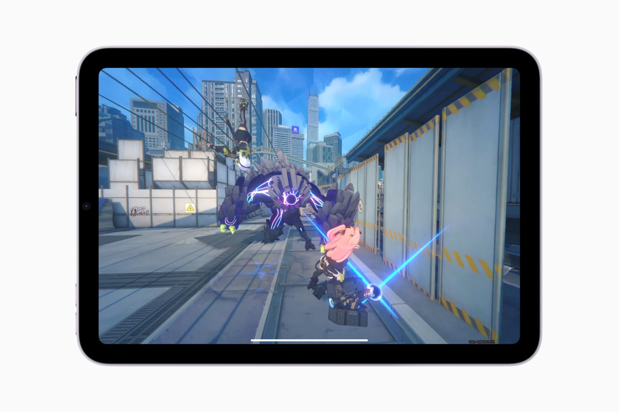 Rendering of an iPad mini with an on-screen preview of the Zenless Zone Zero mobile game