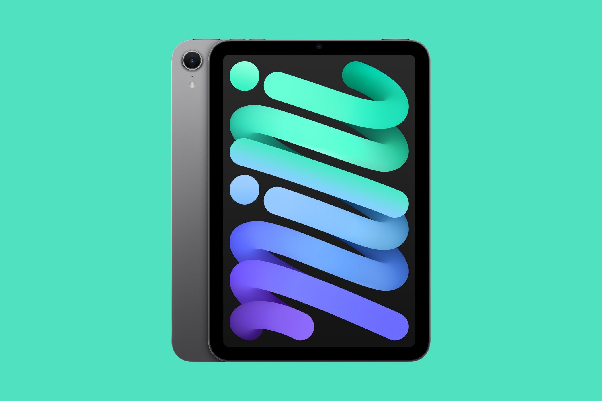 Render of space gray iPad mini A17 Pro product on mint background.