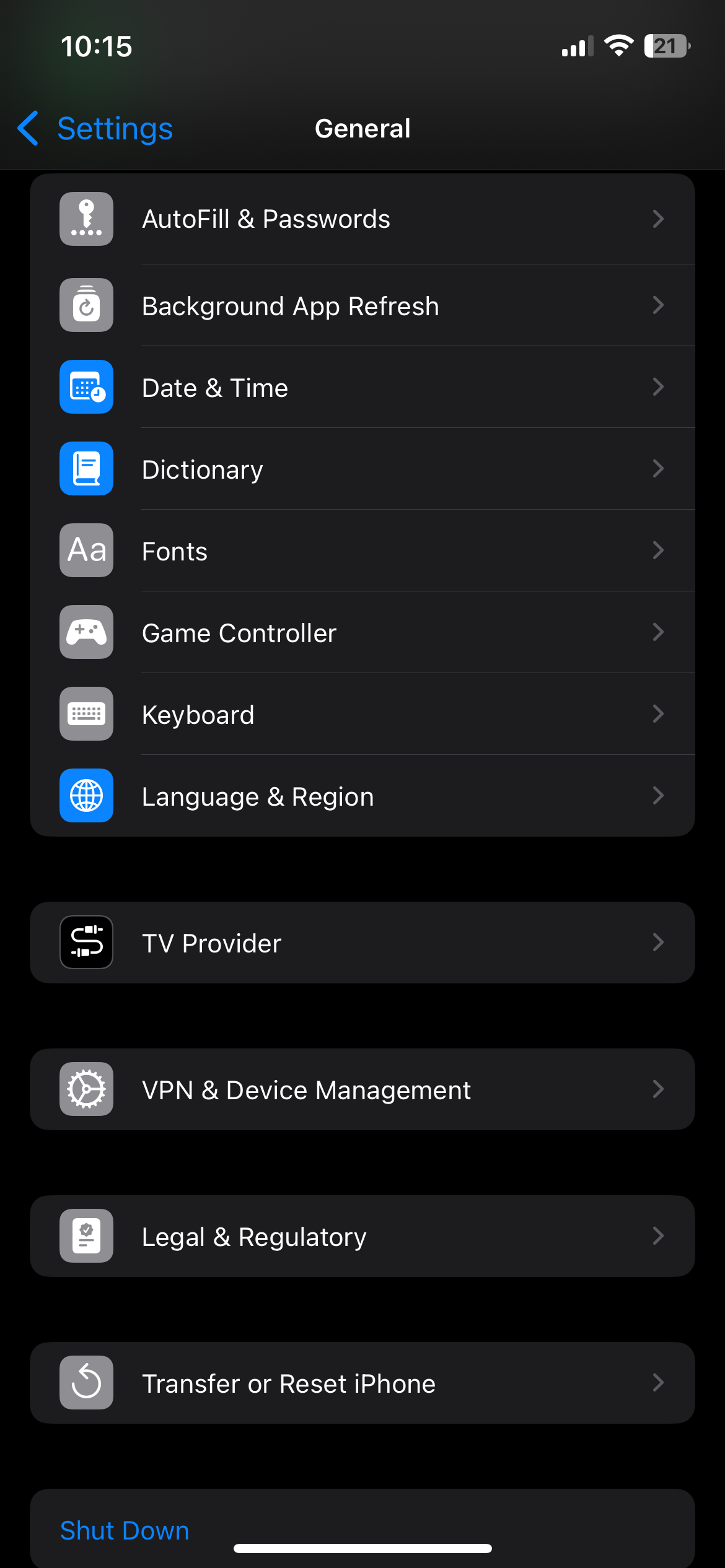 iPhone General Settings Menu