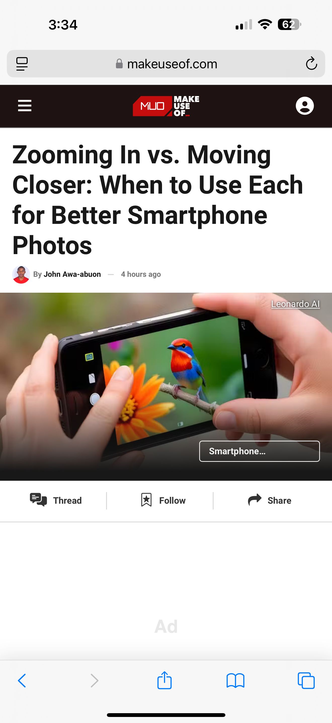یک مقاله MUO در سافاری برای iOS