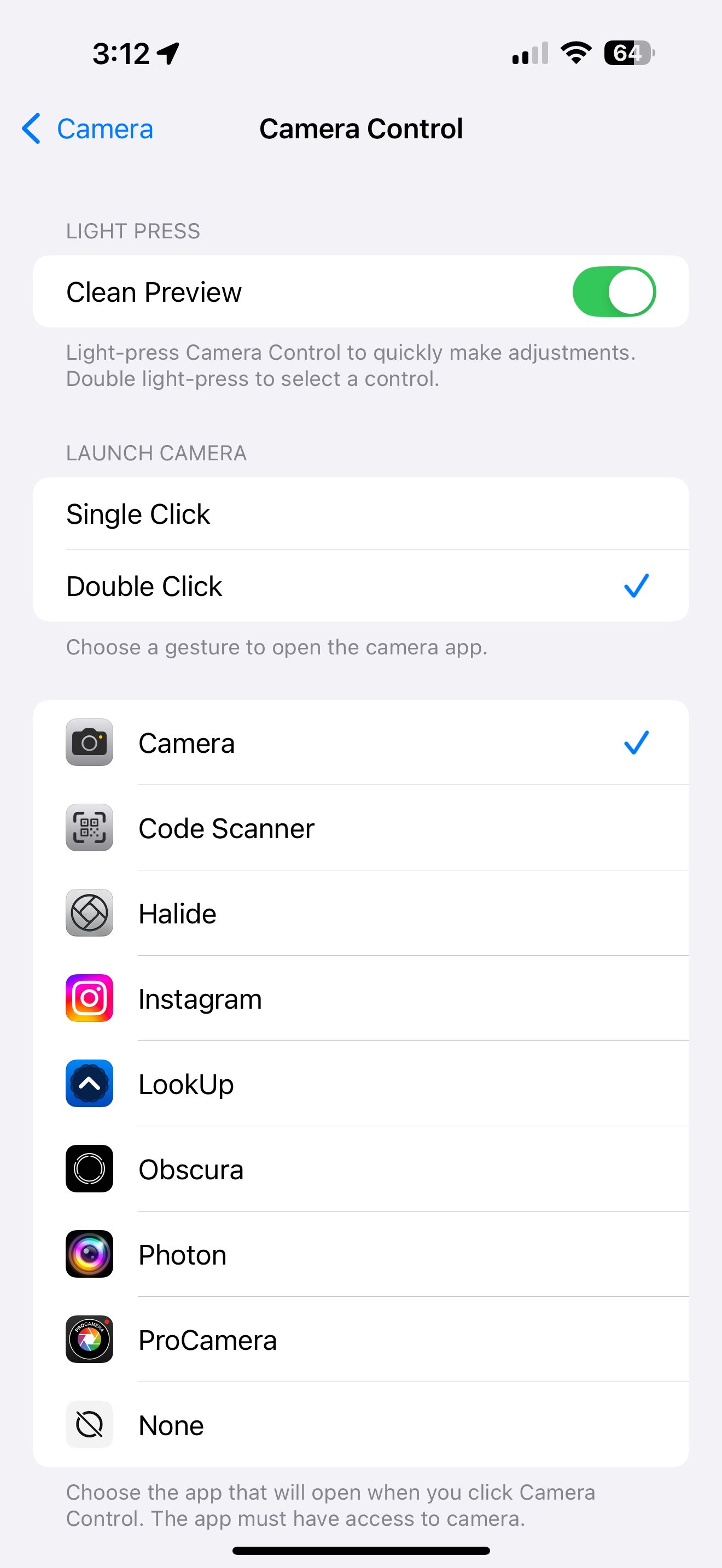 the camera control button adjust menu on an iphone