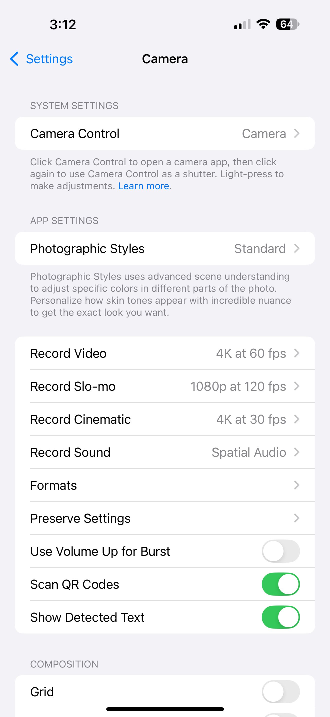 the main camera settings on an iphone