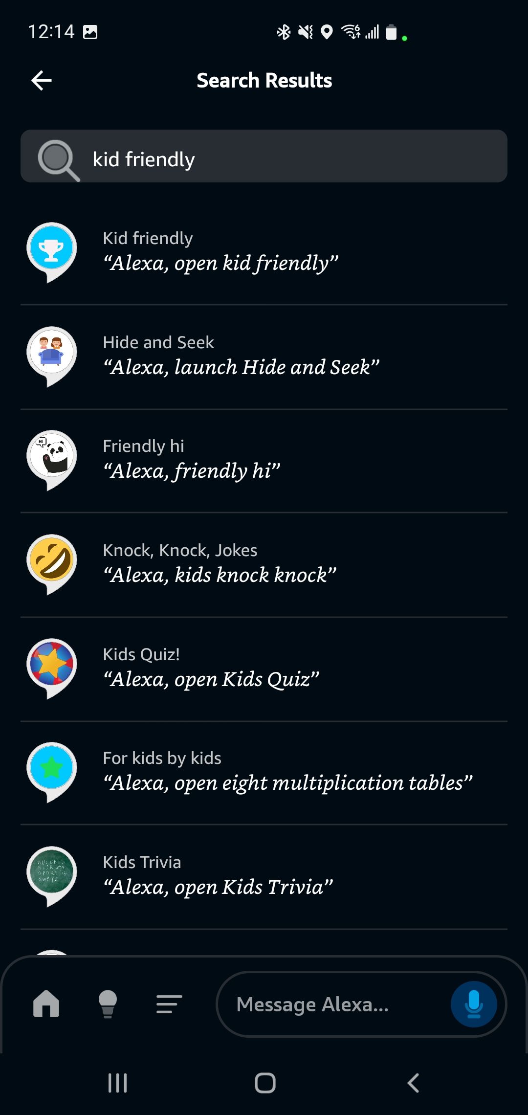 بازی‌های دوستانه کودک را در اپلیکیشن الکسا جستجو کنید.