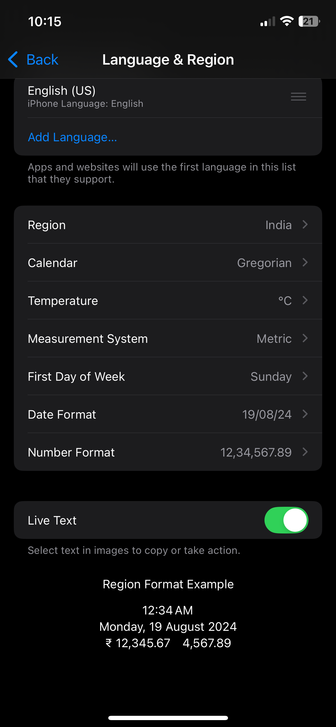 Language & Region Settings Menu on iPhone