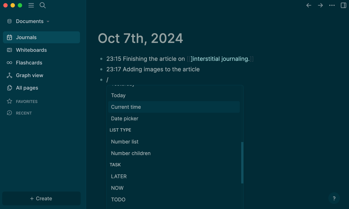 Logseq page showing the timestamp feature