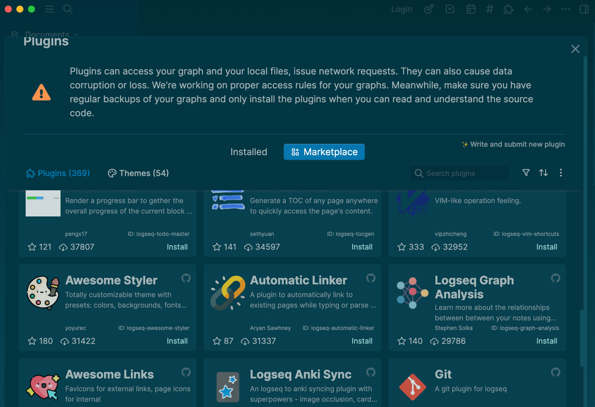 The plugin marketplace in Logseq