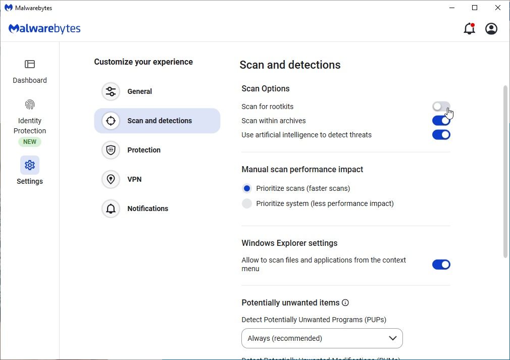 گزینه اسکن rootkit malwarebytes