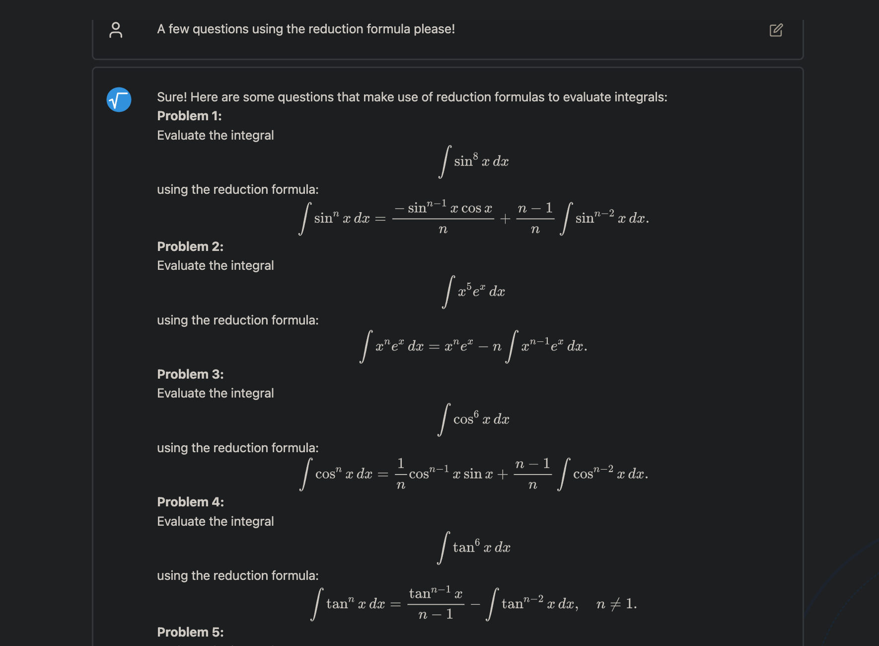 MathGPT creating integration questios that use the reduction formula