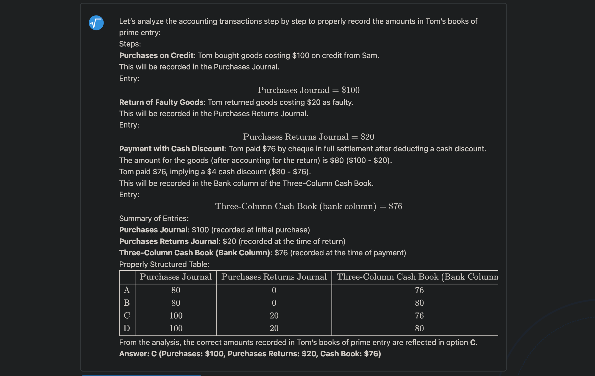 MathGPT solving an accounting multiple choice questions