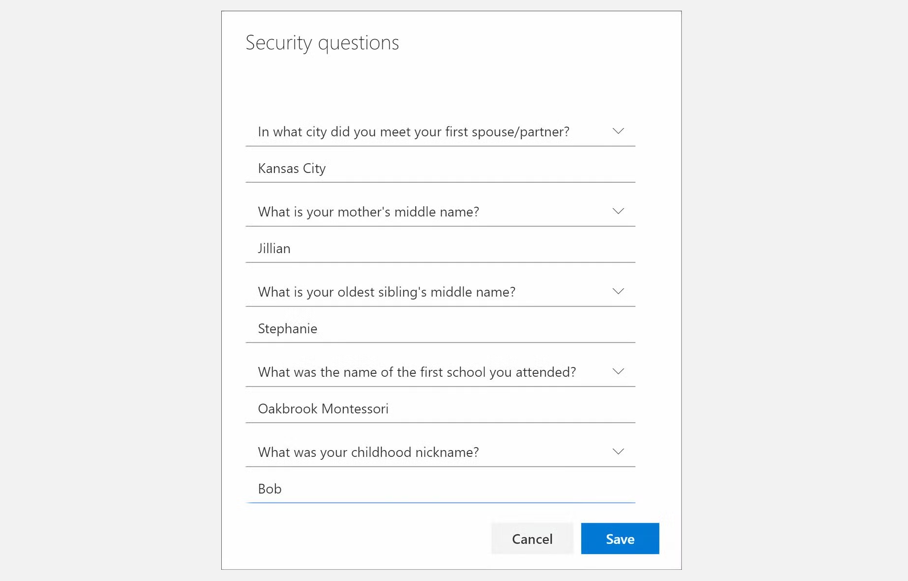 microsoft security question examples 2fa options