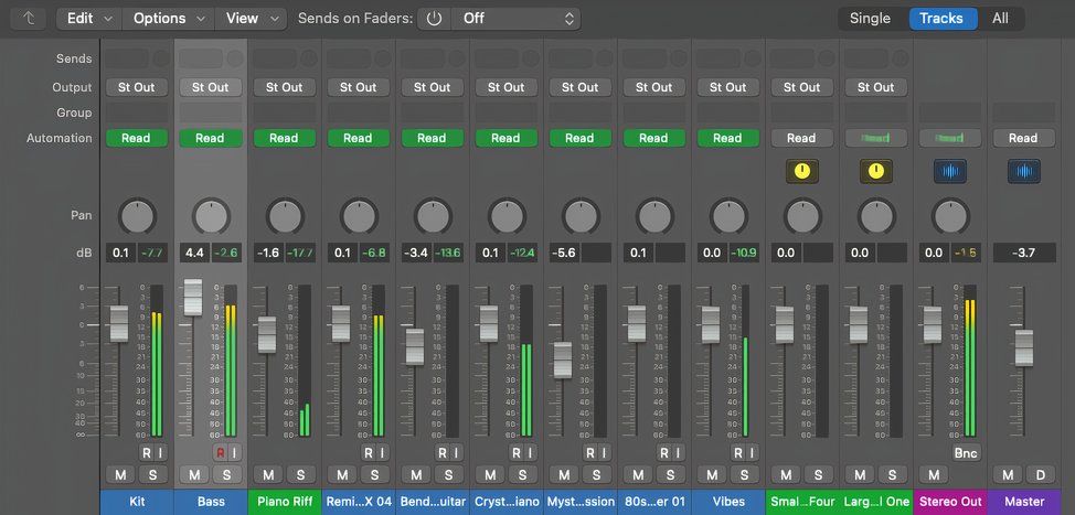 A virtual mixing console in Logic Pro 11.