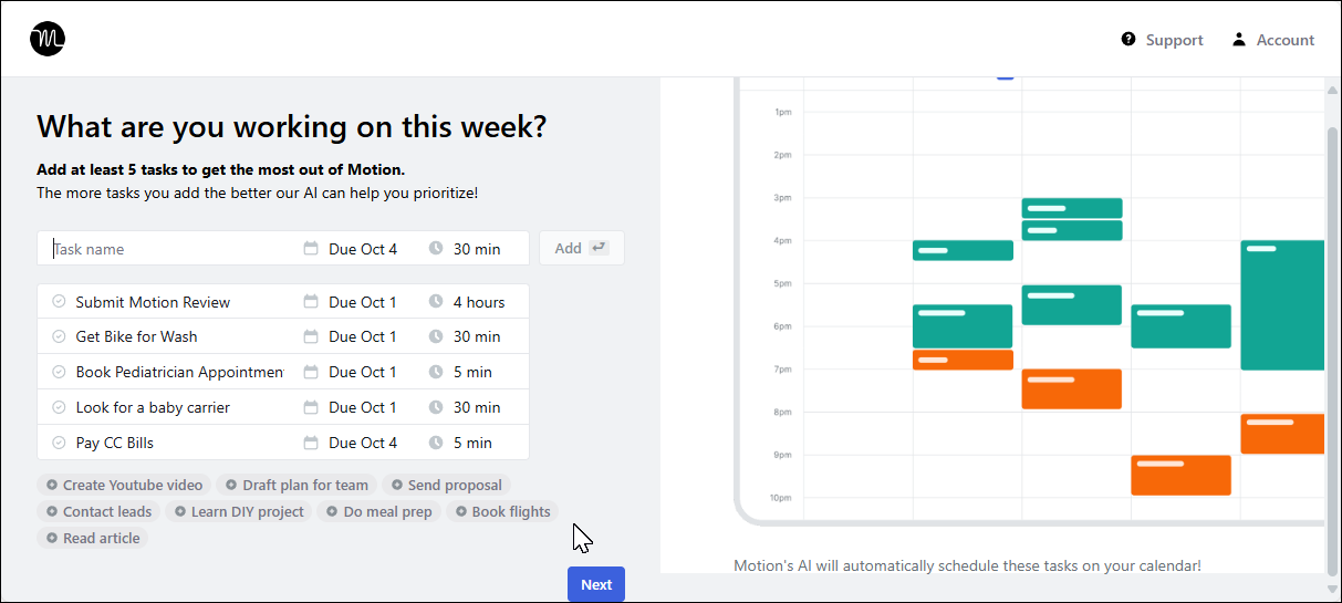 Screenshot of Motion's initial task setup screen 