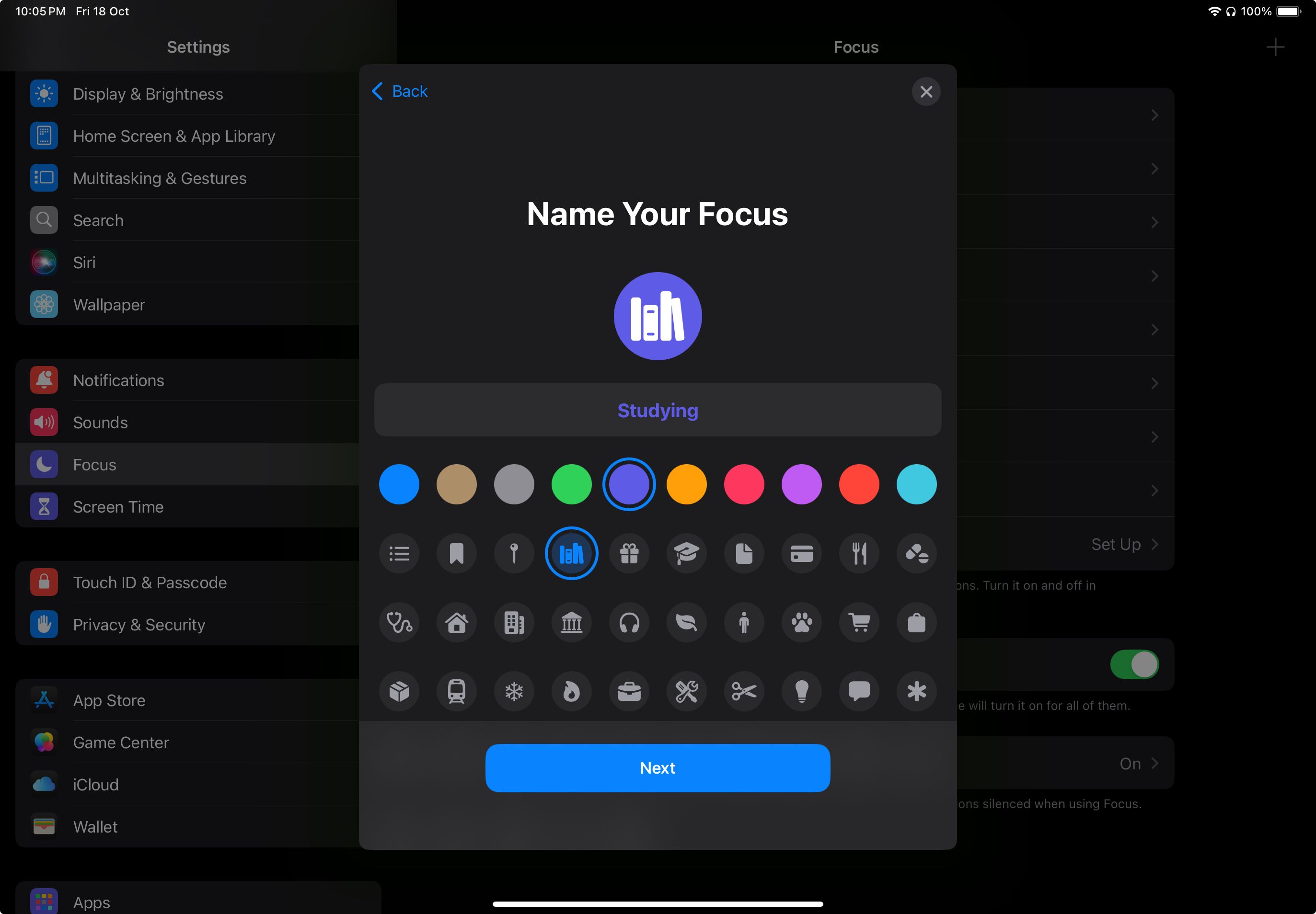 Naming a custom Focus mode on iPad