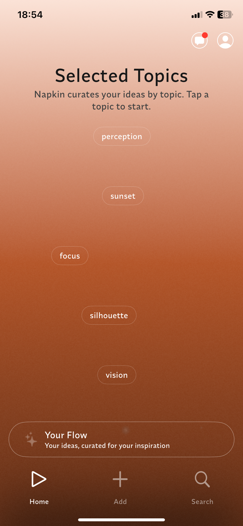 The home page on the Napkin app, where topics like "sunset" and "focus" reflect the idea entries to the app