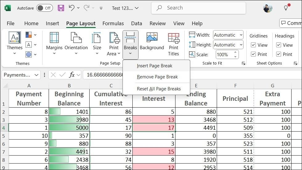 Page Breaks Menu in an Excel Sheet