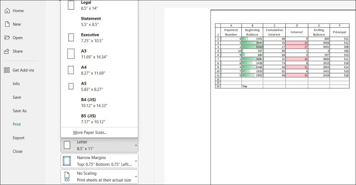 Page Size and Margins in Excel Print Menu