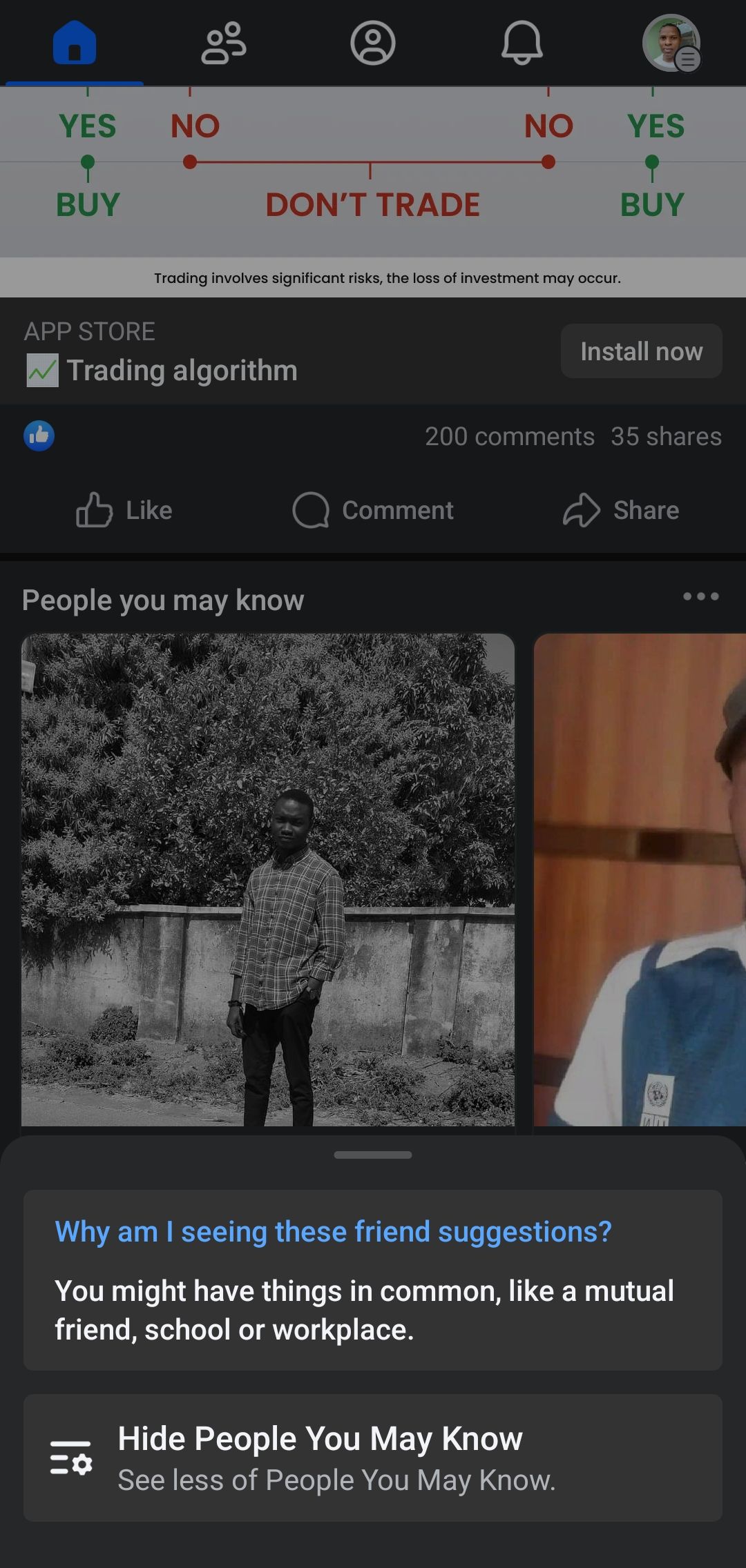 people you may know tab with hide option