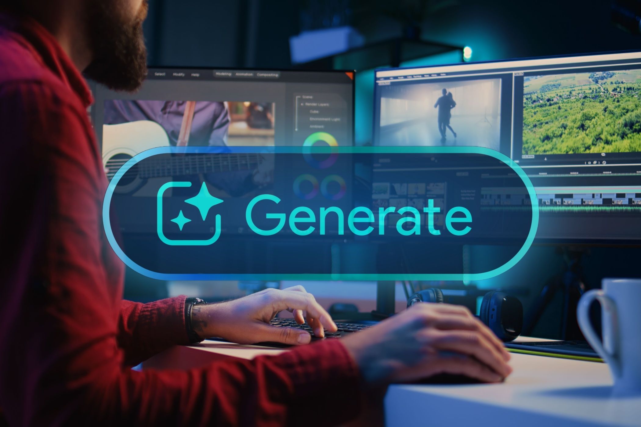 Person using video editing software on computer, with an AI Generate illustration overlayed