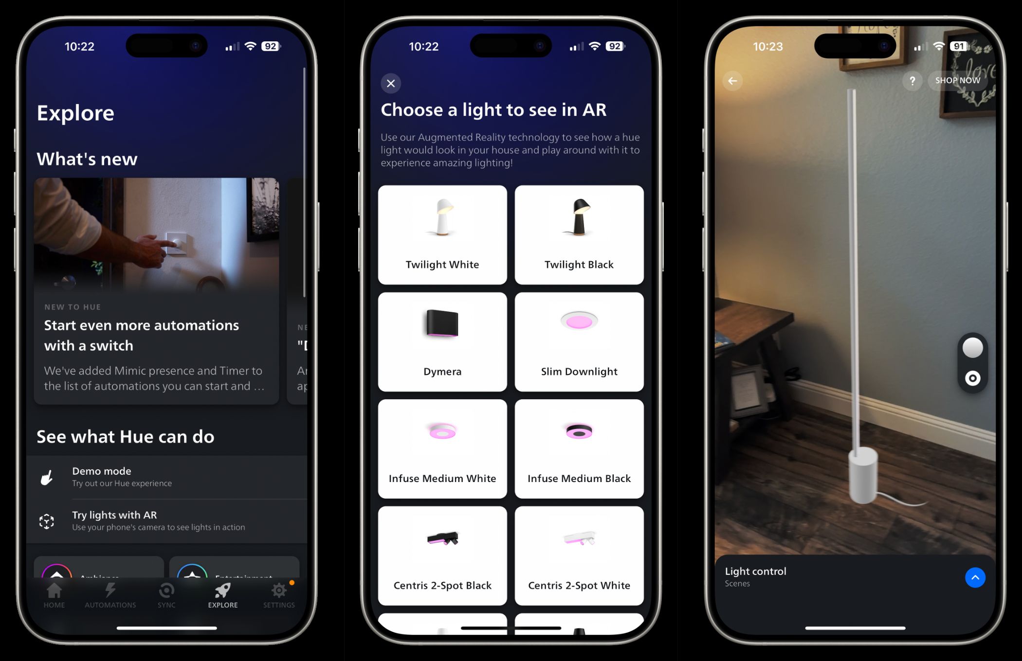 showing the philips hue ar feature on an iphone