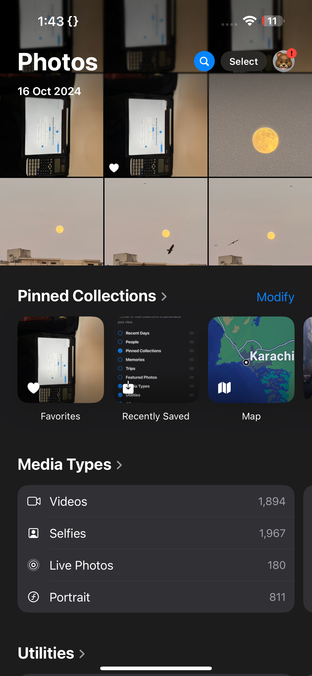 Photos app displaying photos, Pinned Collections, Media Types, and Utilities