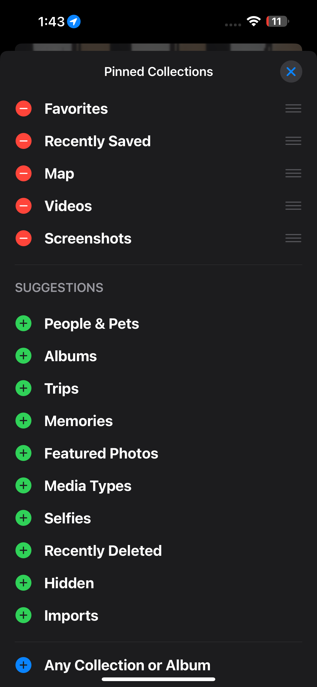 Pinned Collections section in the Photos app on an iPhone