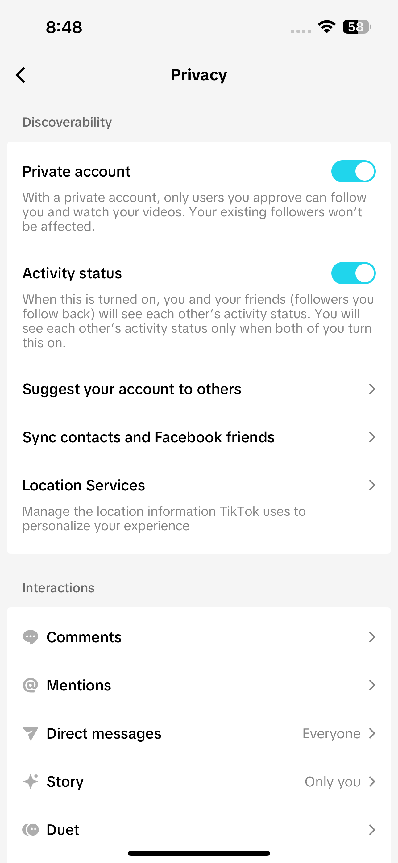 Privacy settings on TikTok app